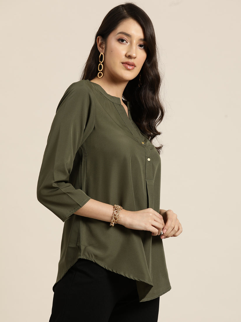 Solid Olive crepe half placket shirt