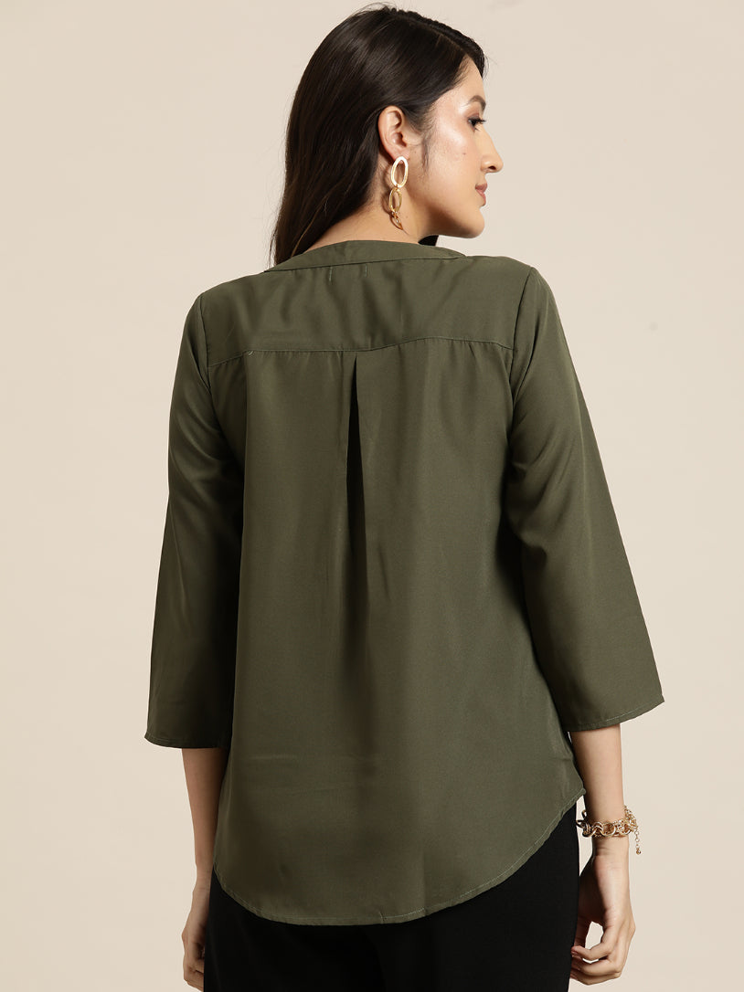 Solid Olive crepe half placket shirt