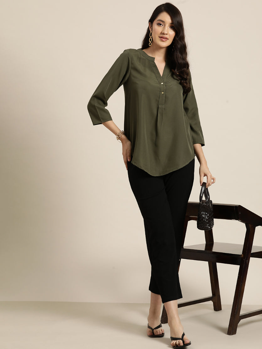 Solid Olive crepe half placket shirt