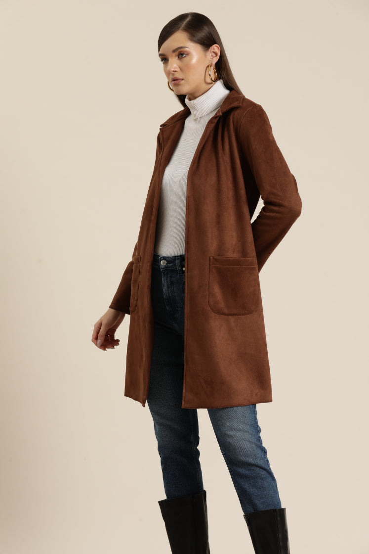 Brown Suede leather coat with collar and sleeves hems