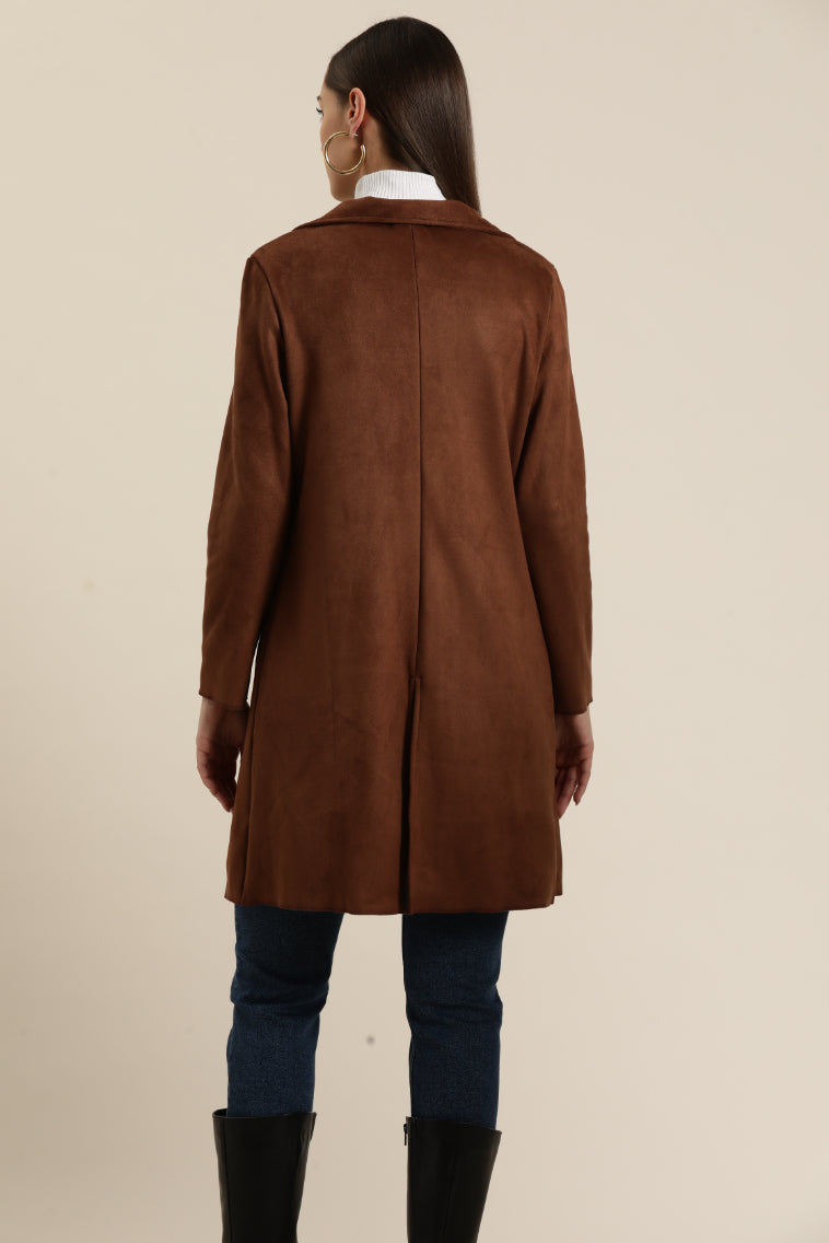 Brown Suede leather coat with collar and sleeves hems