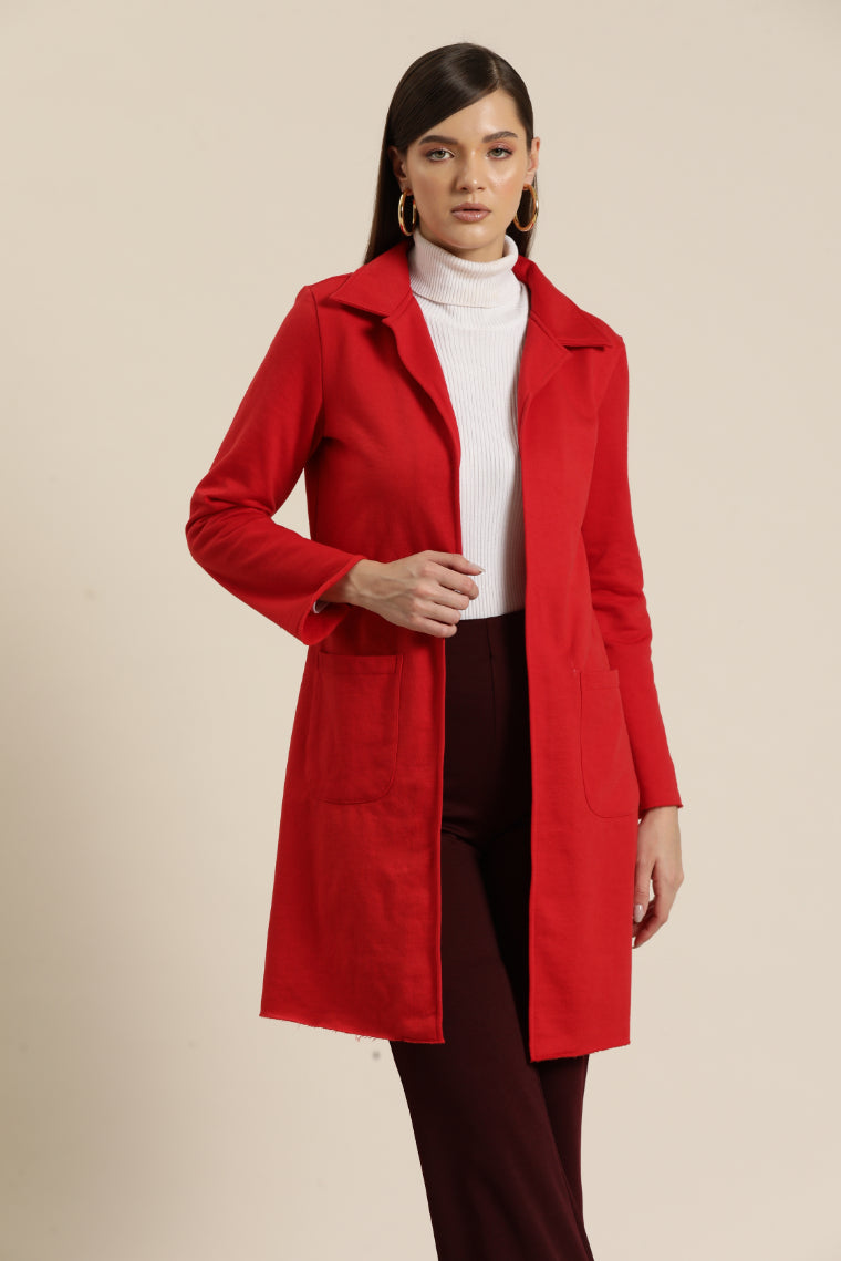 Solid Red fleece long jacket