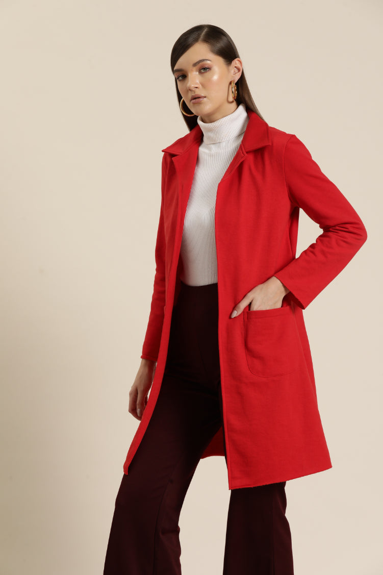 Solid Red fleece long jacket