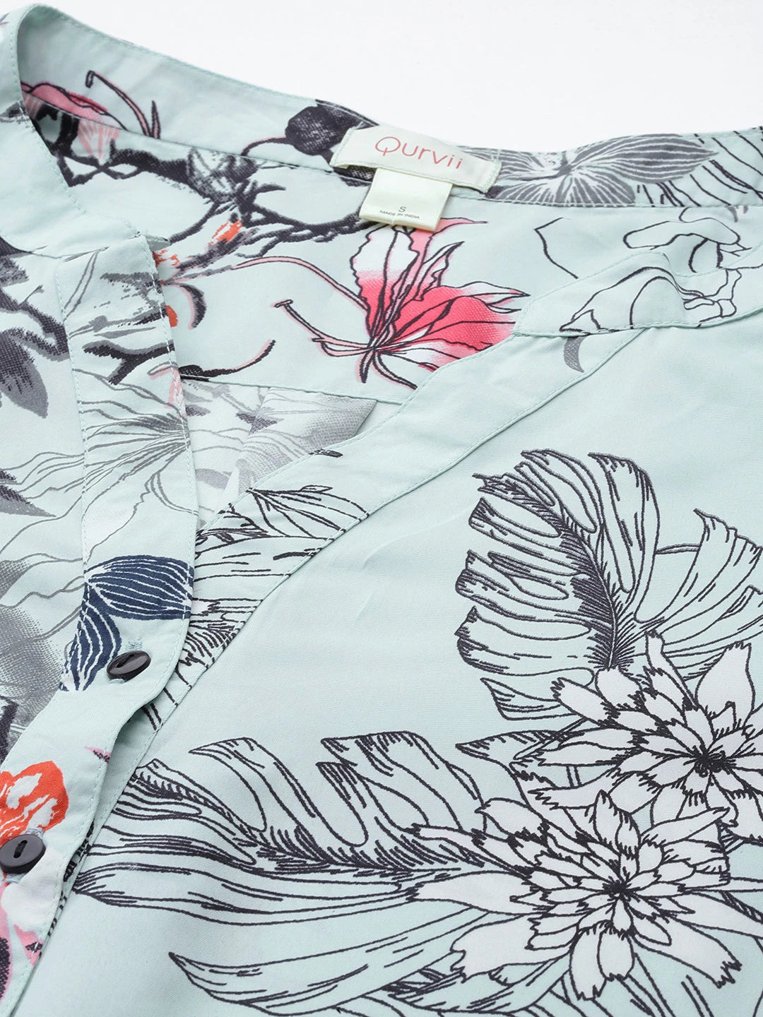 Blue Japnese floral print half placket shirt