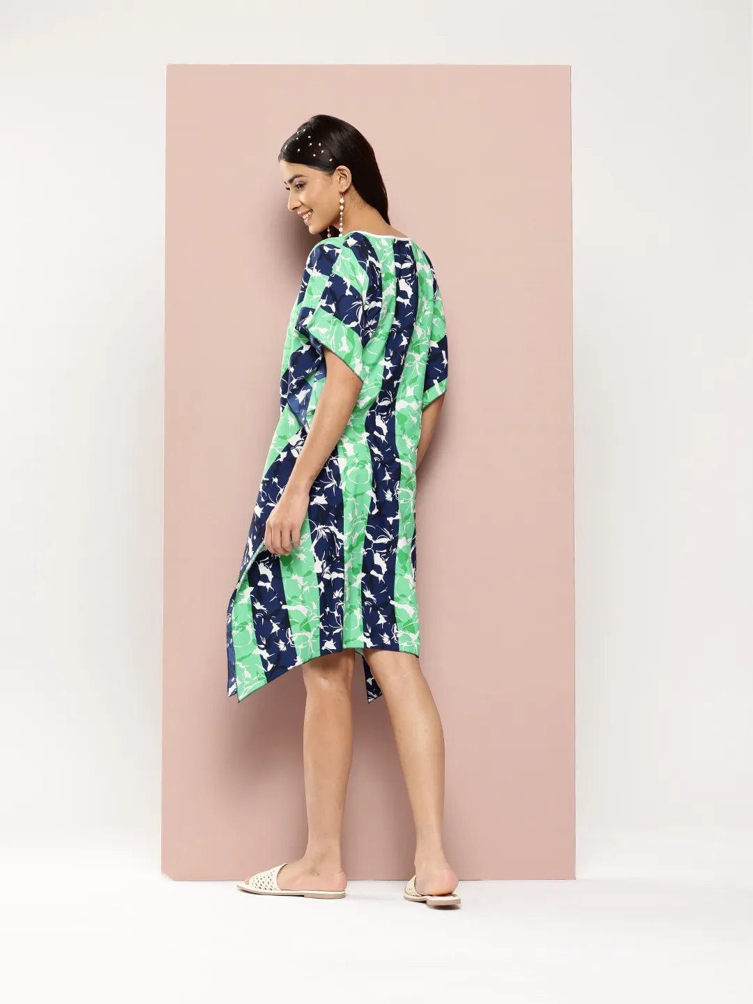 Blue and Green Striped V-Neck Kaftan