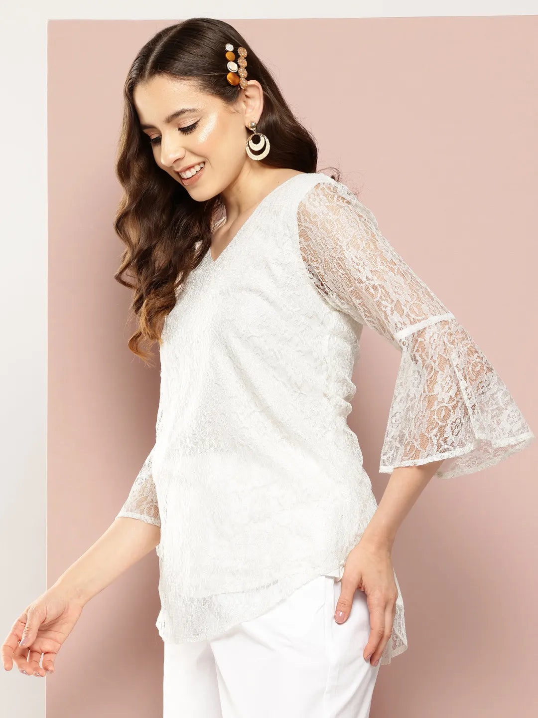 Ivory-colored net V-neck top