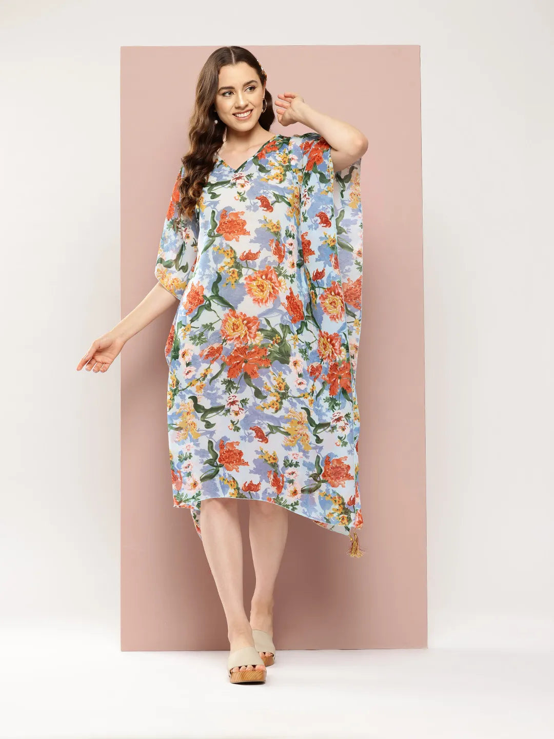 Blue and Rust floral kaftan dress