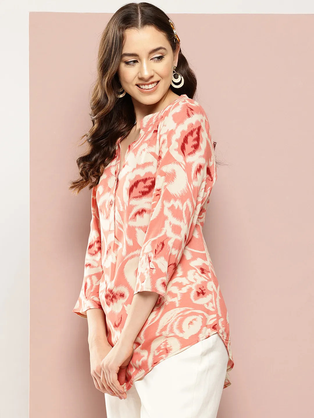 Peach floral half-placket mandarin collar top