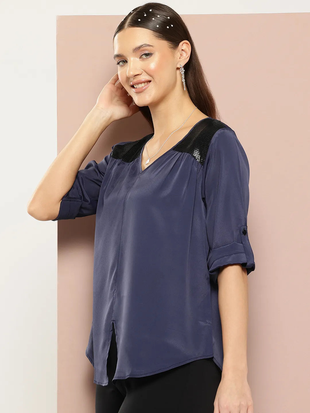 Navy Blue Top with Sequin Embellishment