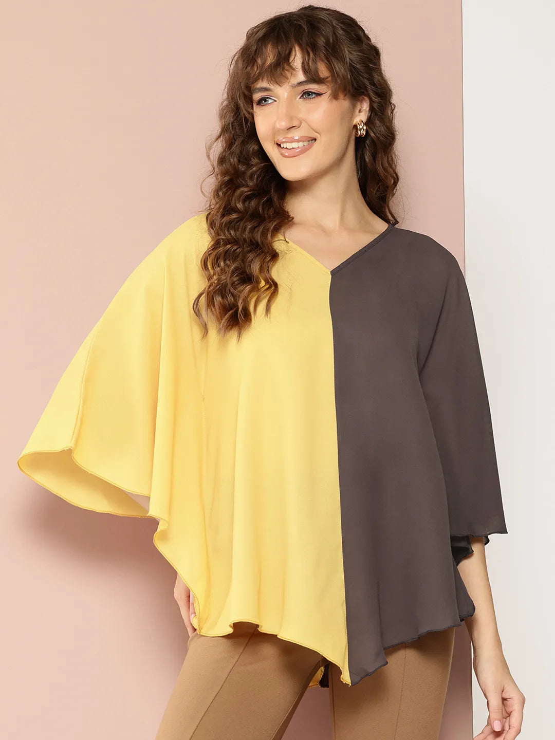 V-Shape Hemline Color Block Kimono Sleeves Top