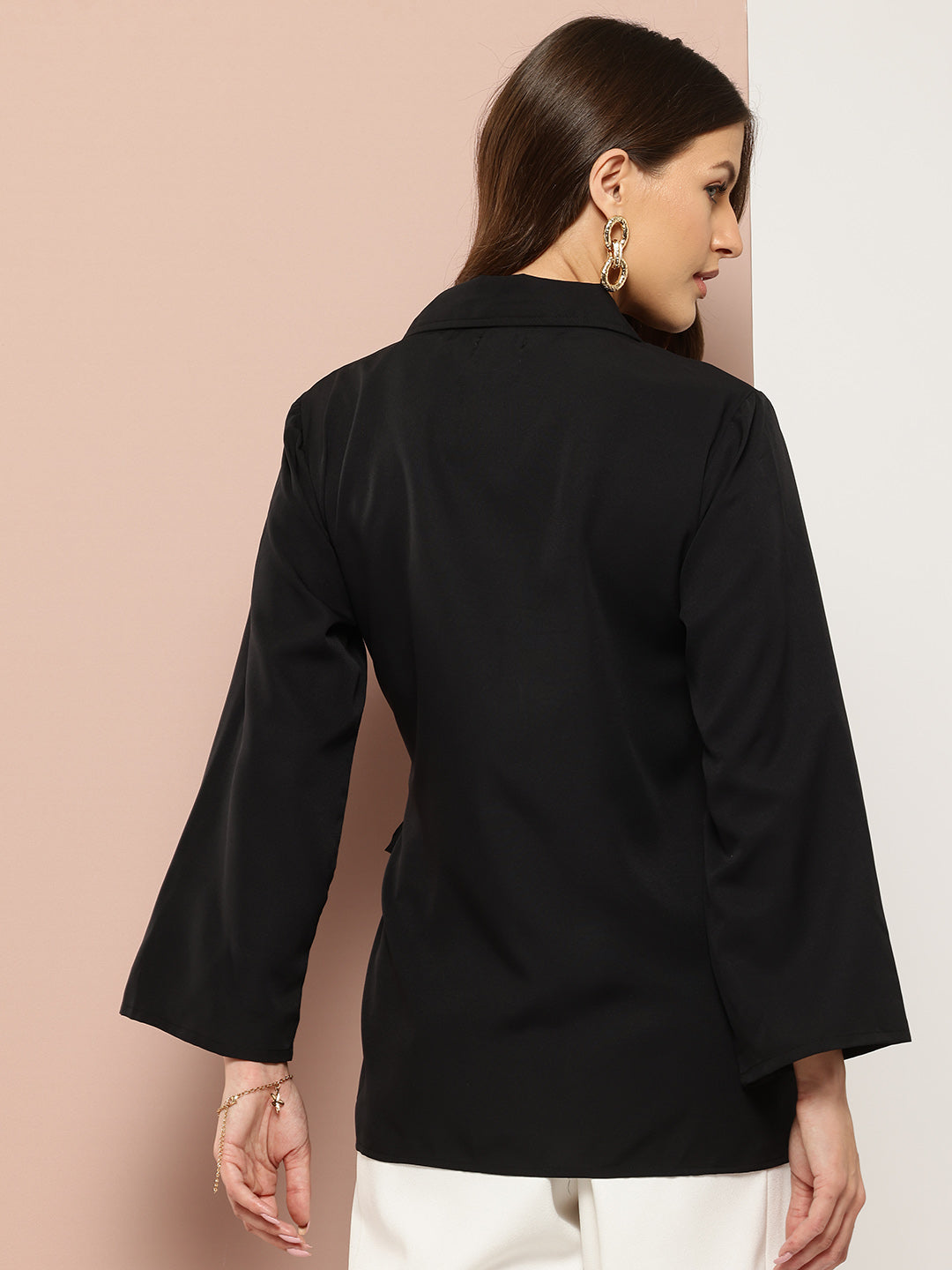 Solid black and printed color blocking wrap around top