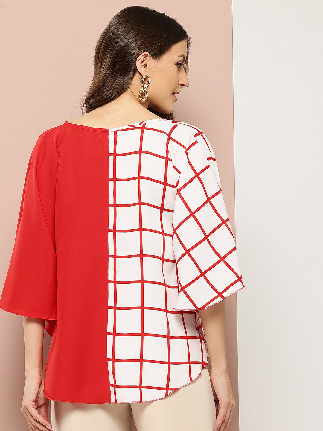Red and White Checks Color Block Kimono Sleeves Top