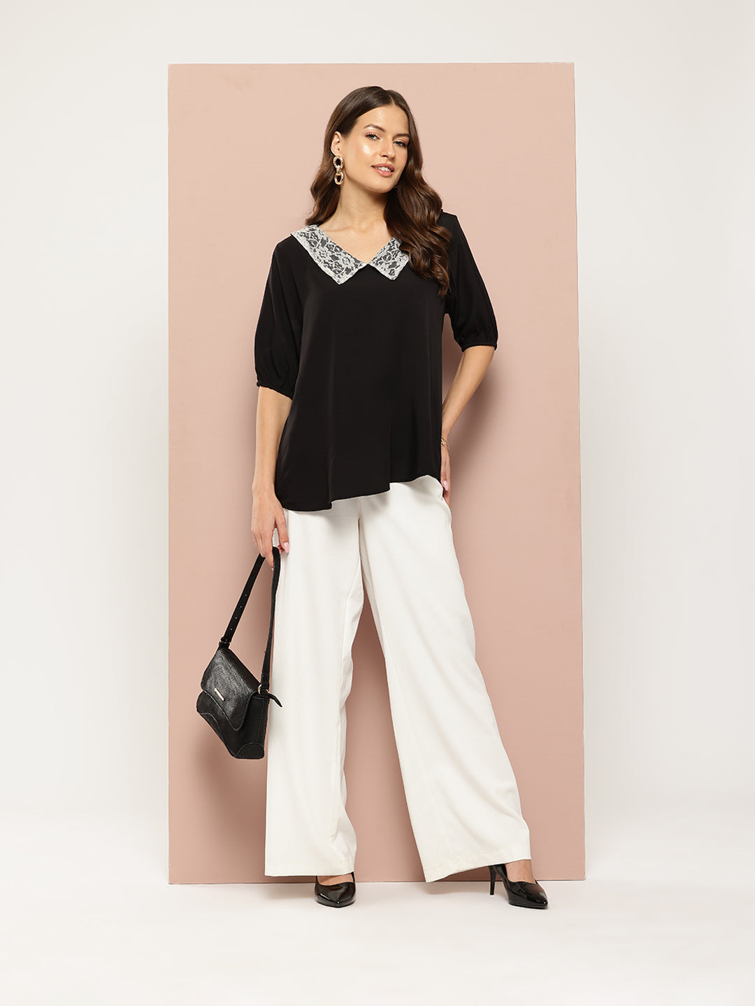 Solid black peter pan collar top with puffed sleeves