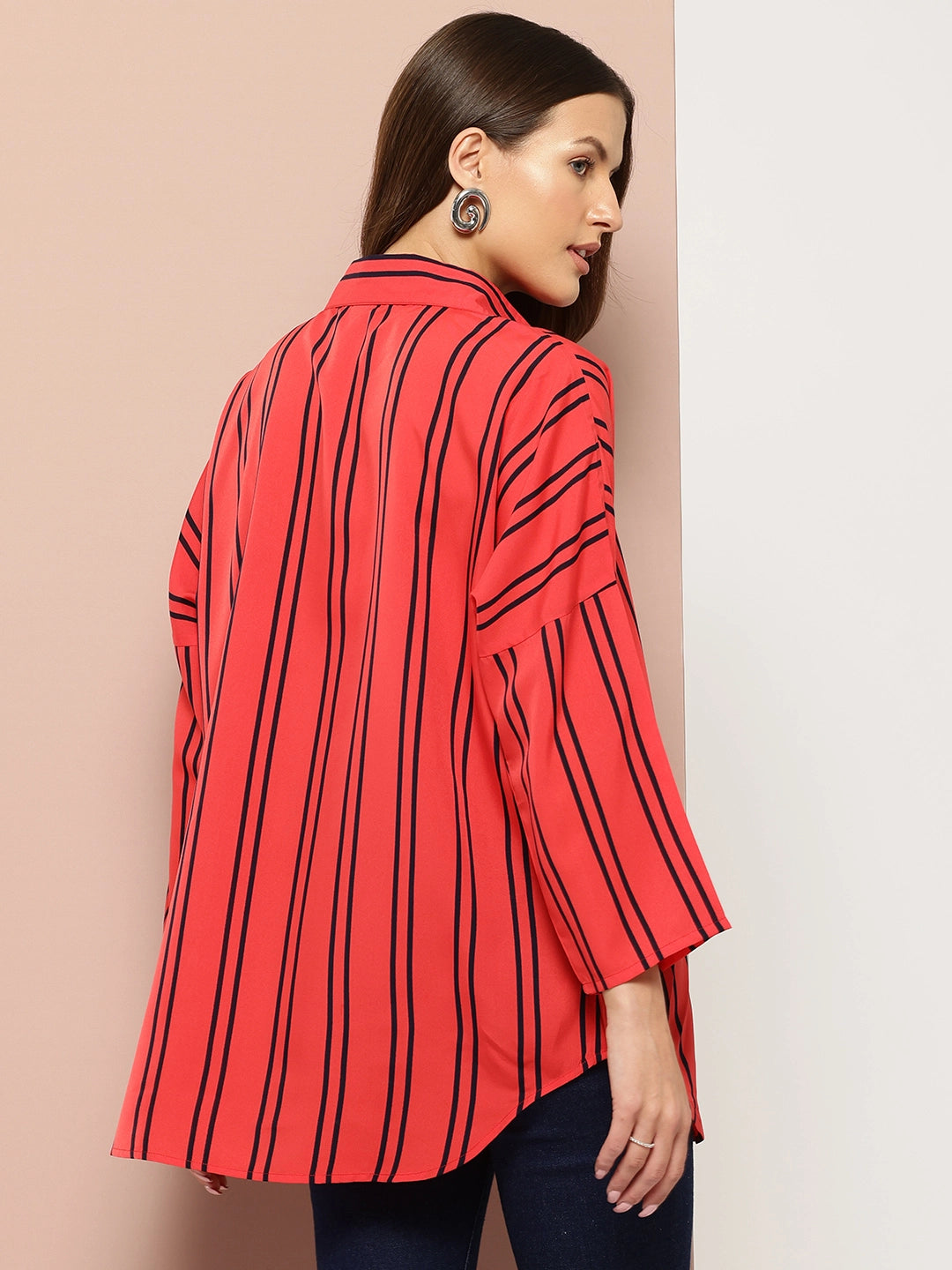Red Striped drop-shoulder top with a wide collar