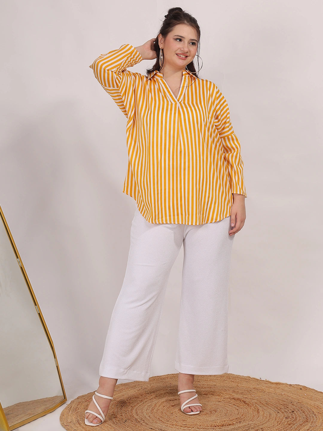 Yellow Striped drop-shoulder top with a wide collar