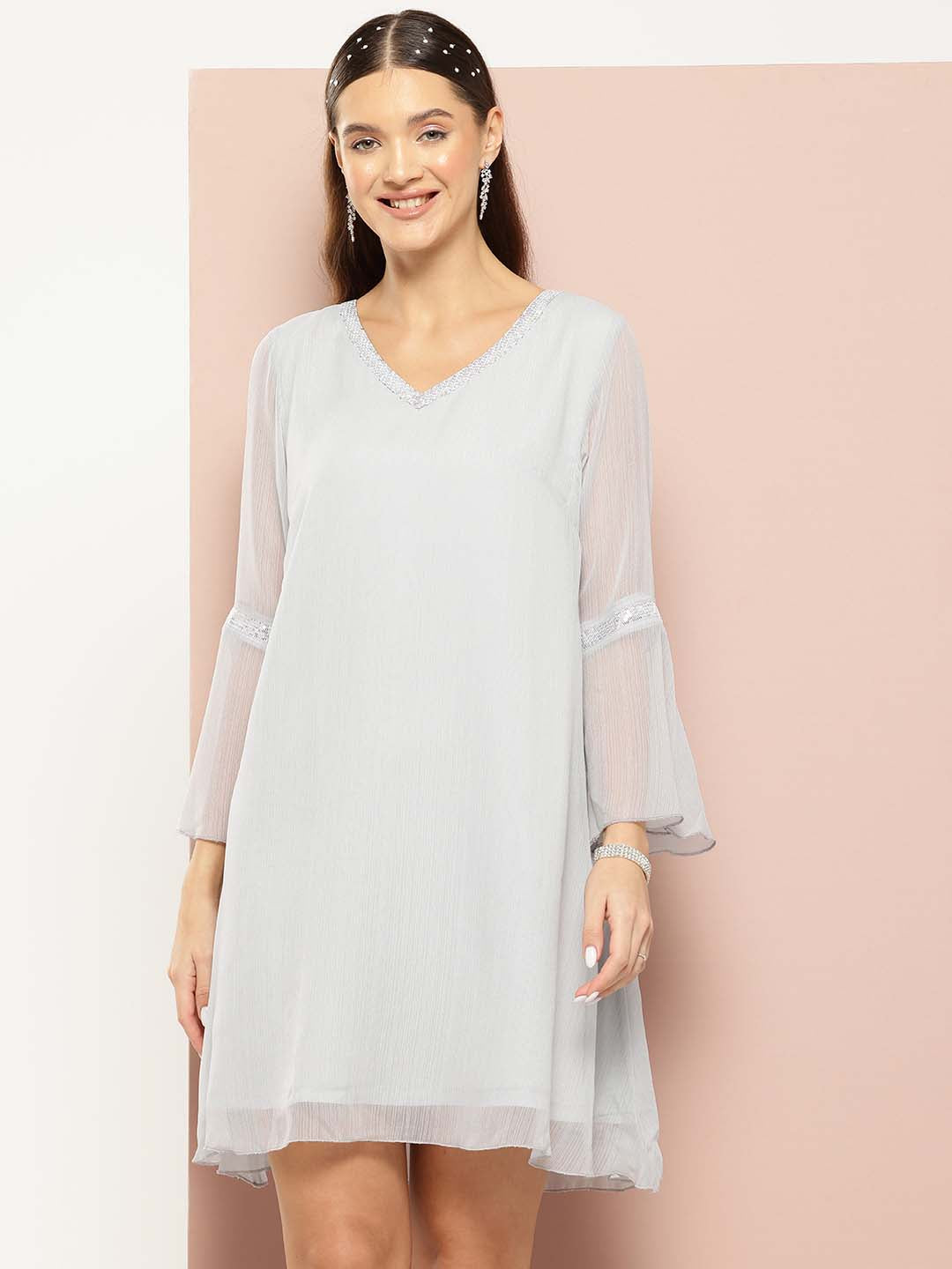 Gray Georgette A-Line swing party dress