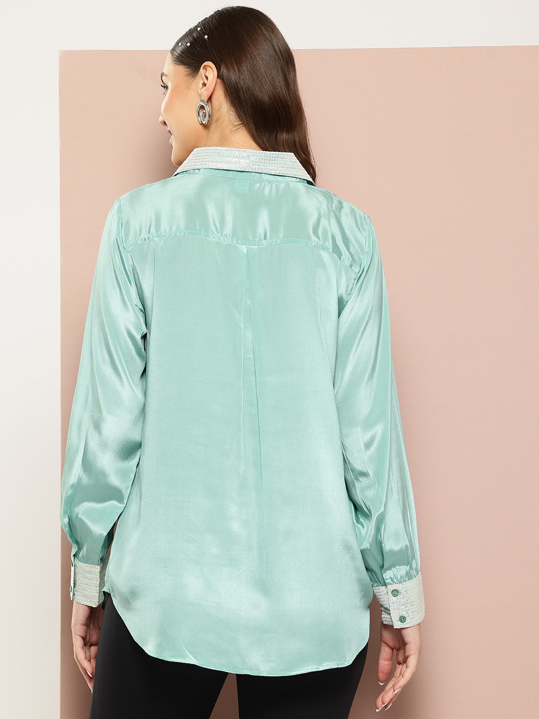 Sea green silk crepe party shirt