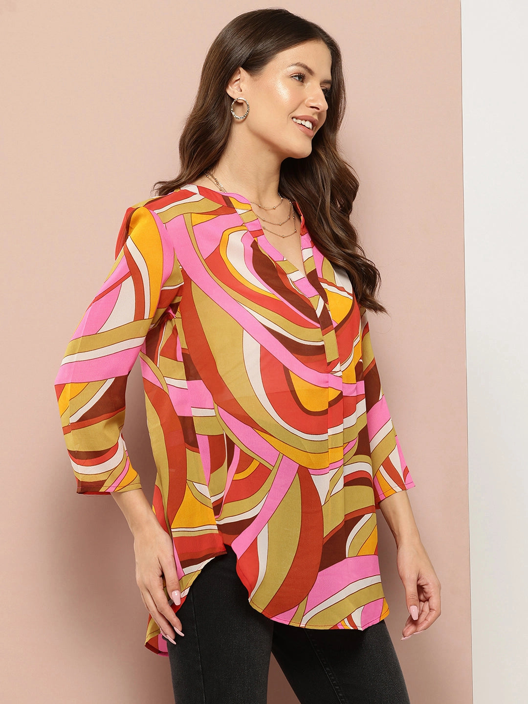Multi Abstract print half placket maindarin collar shirt