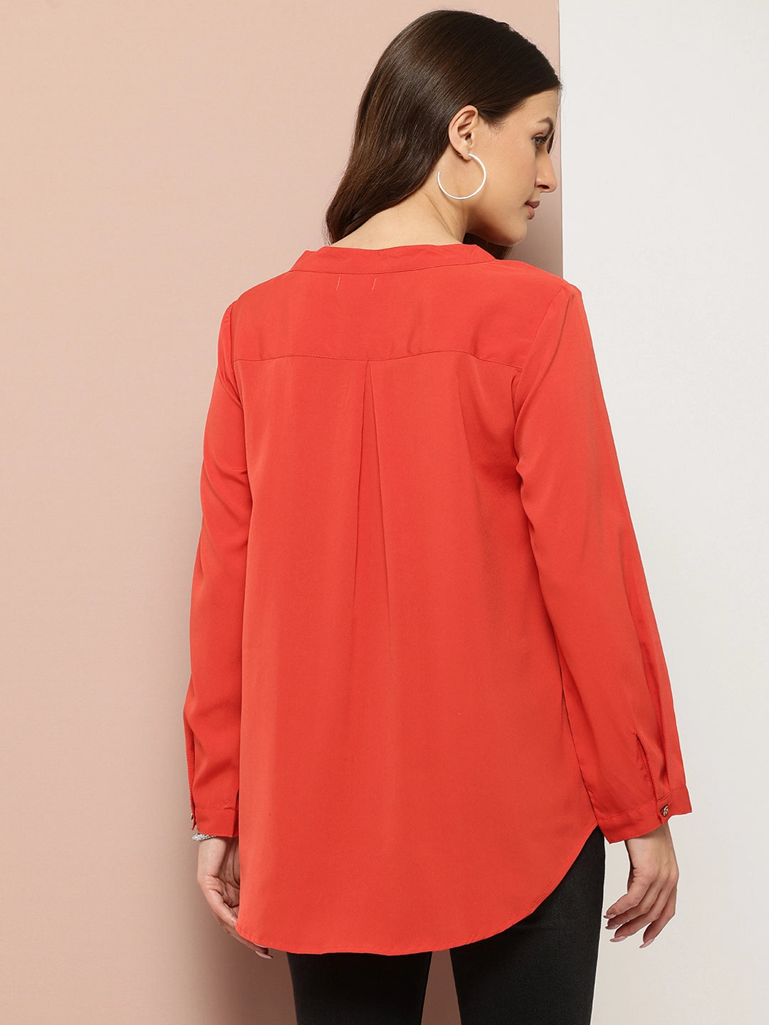 Rust half placket maindarin collar shirt