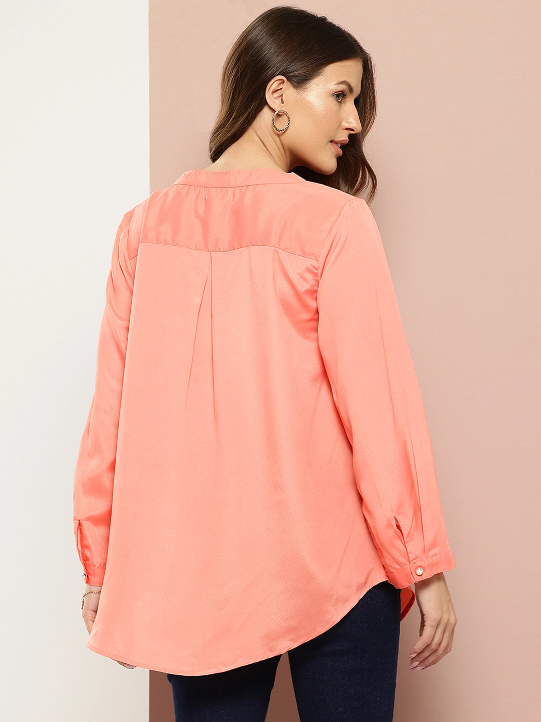 Silk crepe half placket maindarin collar shirt