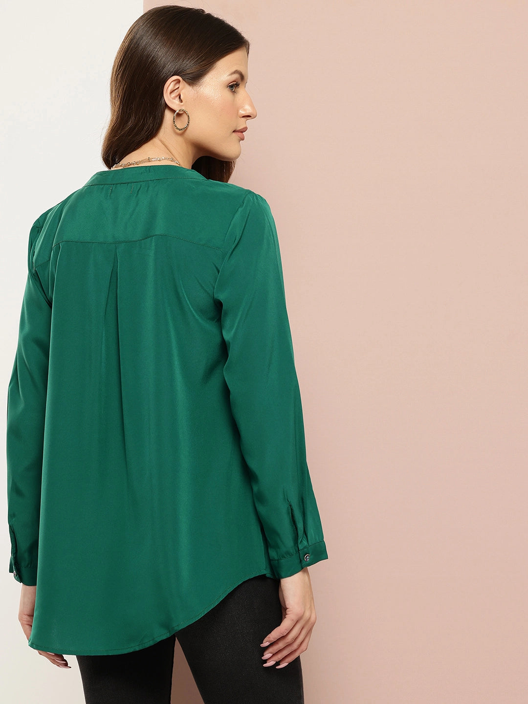Solid Green crepe half placket maindarin collar shirt