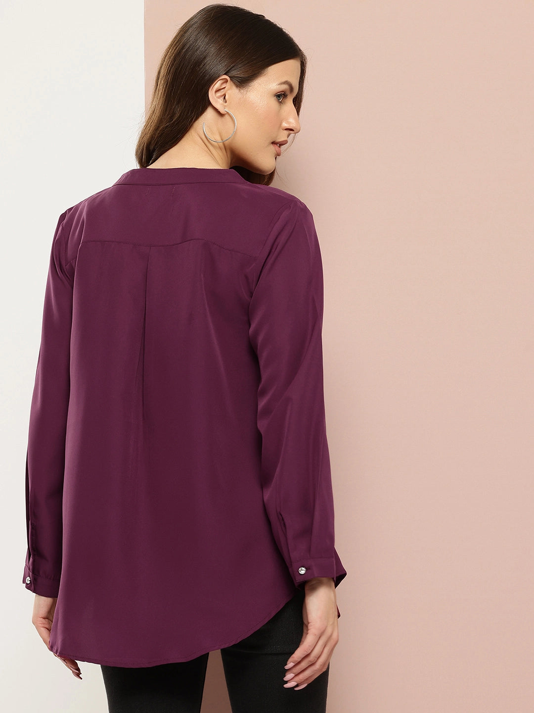 Solid wine half placket mandarin collar shirt