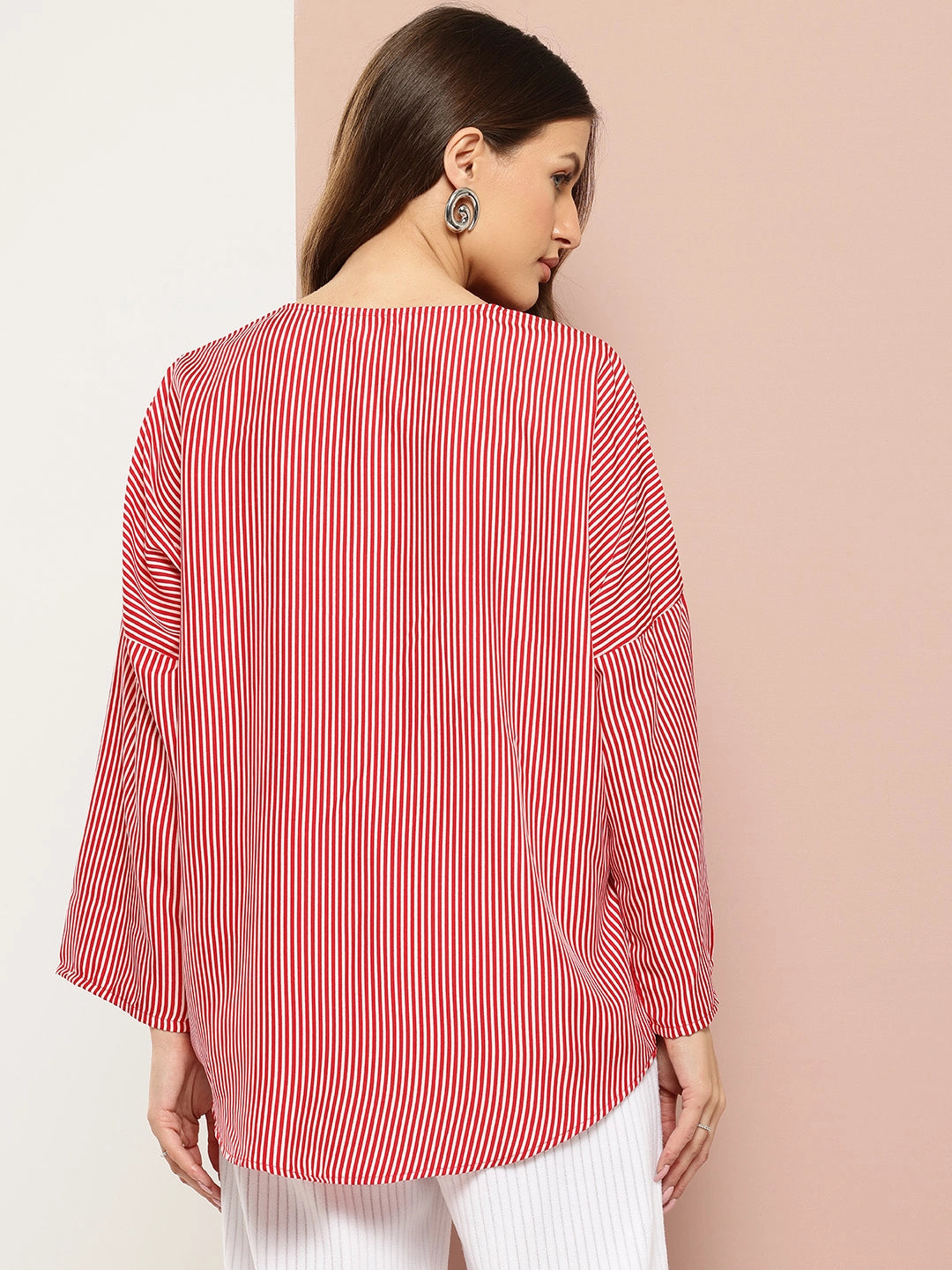 Red and white striped V-neck top