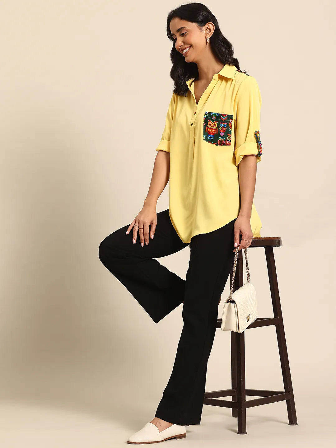 Yellow half placket collared shirt