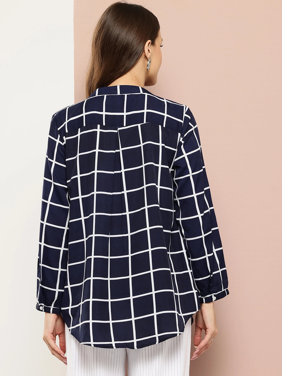 Navy Blue plaid mandarin collar shirt