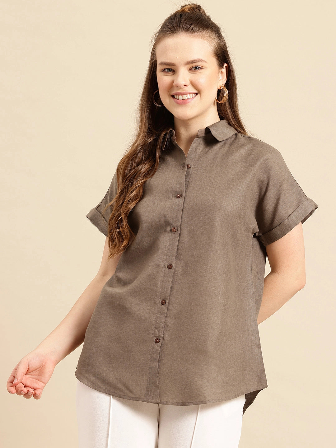 Brown cotton regular shirt