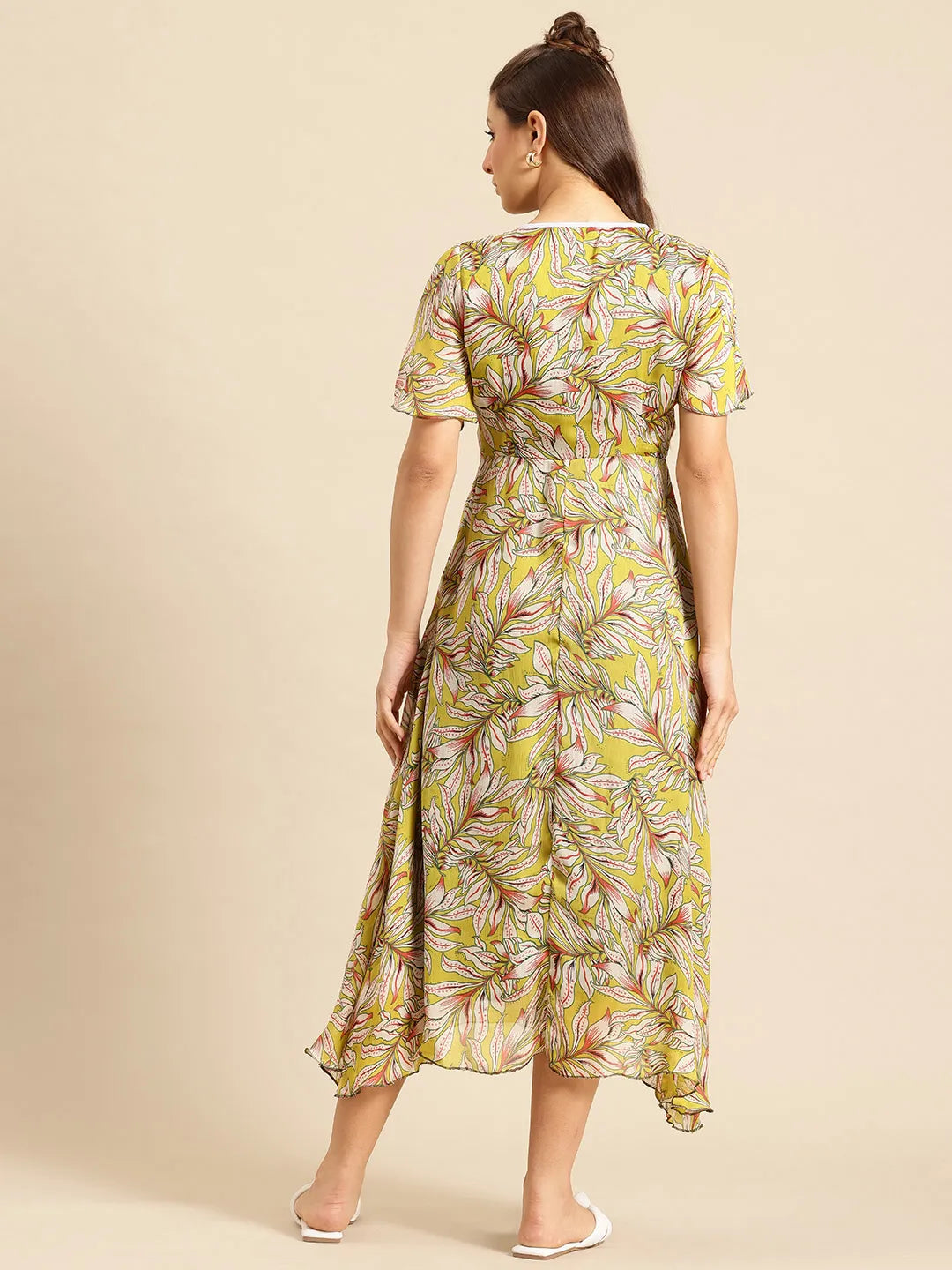 Elegant Olive Printed Georgette party maxi dress