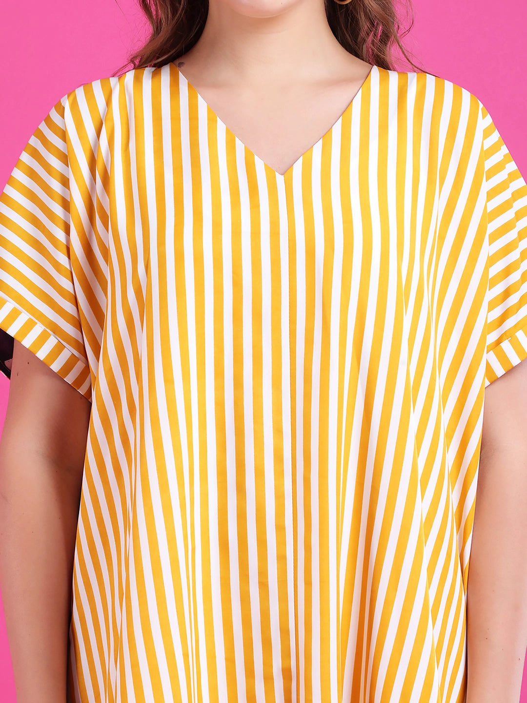 Yellow stripe dress with tie & dye print back