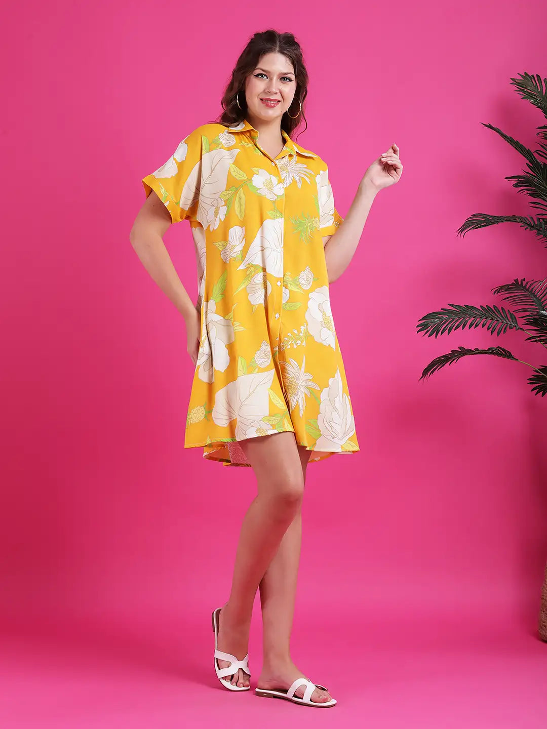 Yellow flower print shirt dress