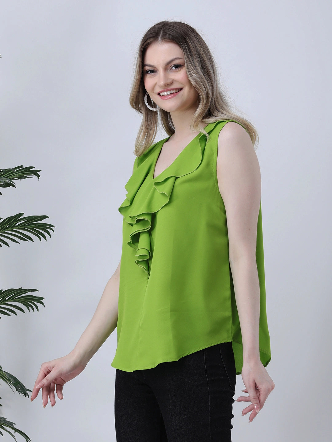 Parrot green ruffle neck top
