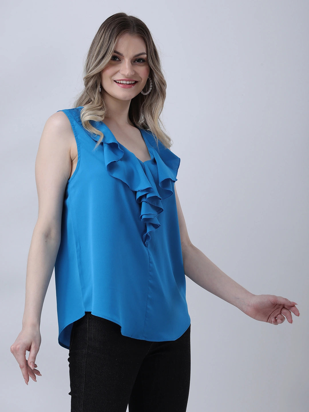 Ruffle neck solid summer top
