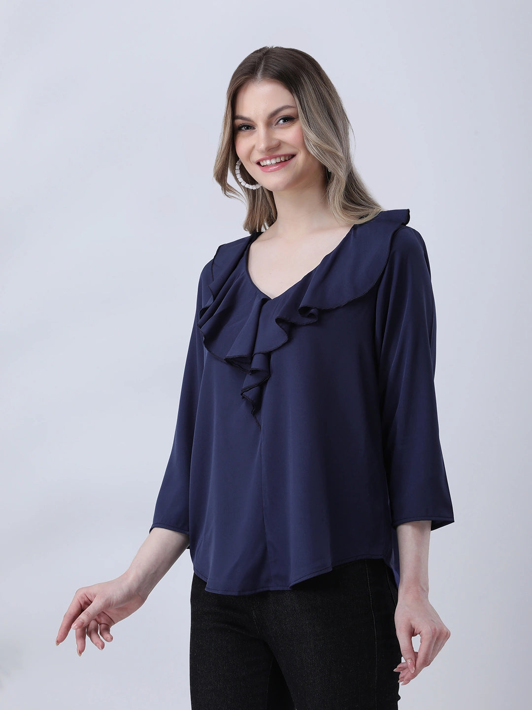 Navy ruffle neck top