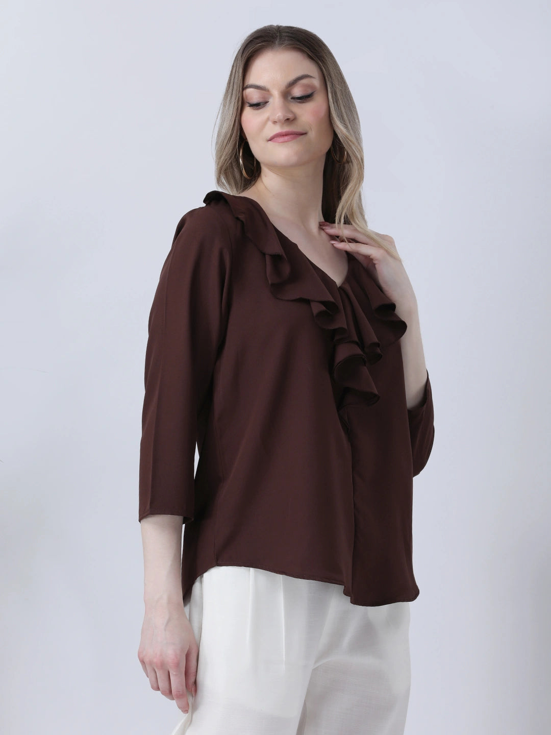 Brown ruffle neck top