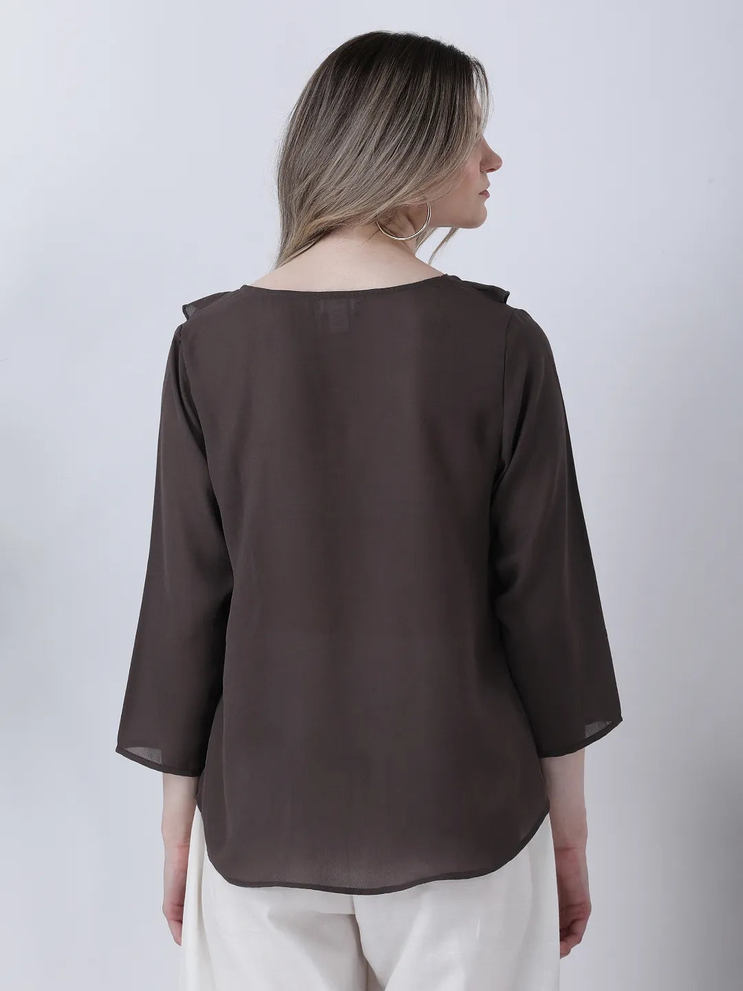 Dark brown ruffle neck top