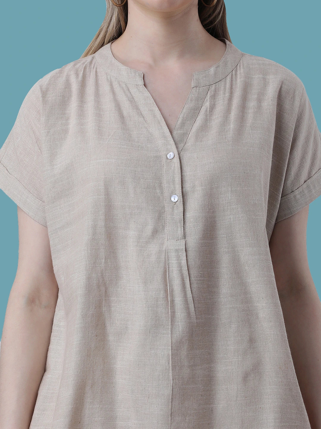 Beige drop shoulder half placket linen shirt
