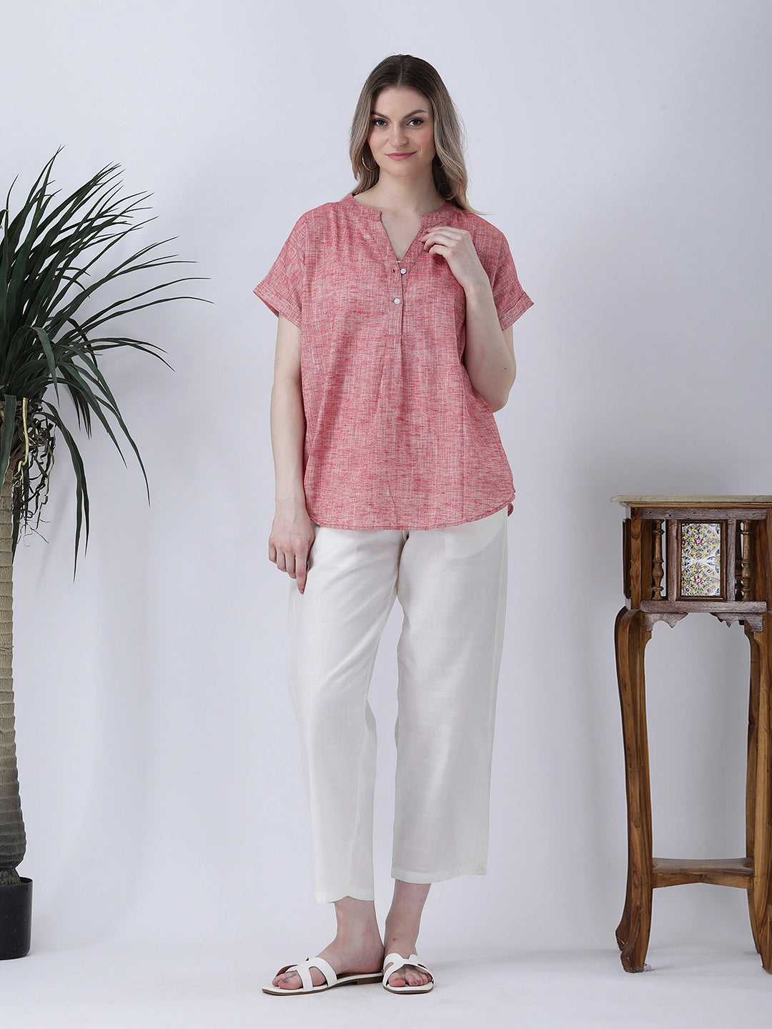 Red drop shoulder half placket linen shirt