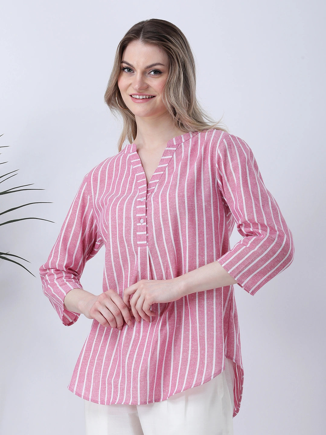 Pink stripe drop shoulder half placket linen shirt