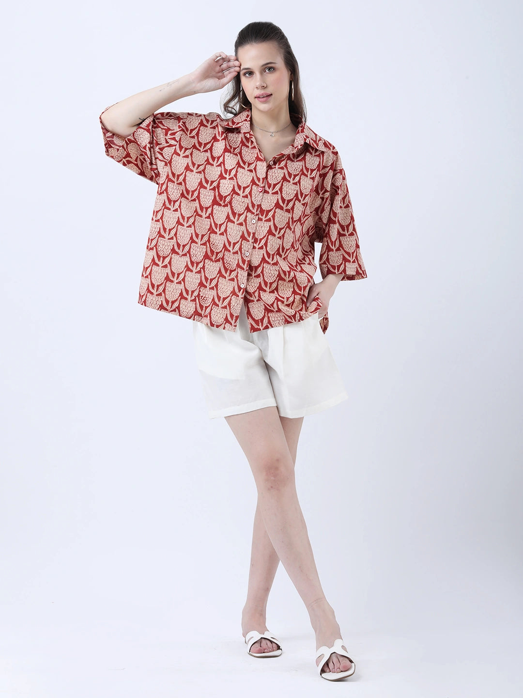 Cotton block print oversized shirt