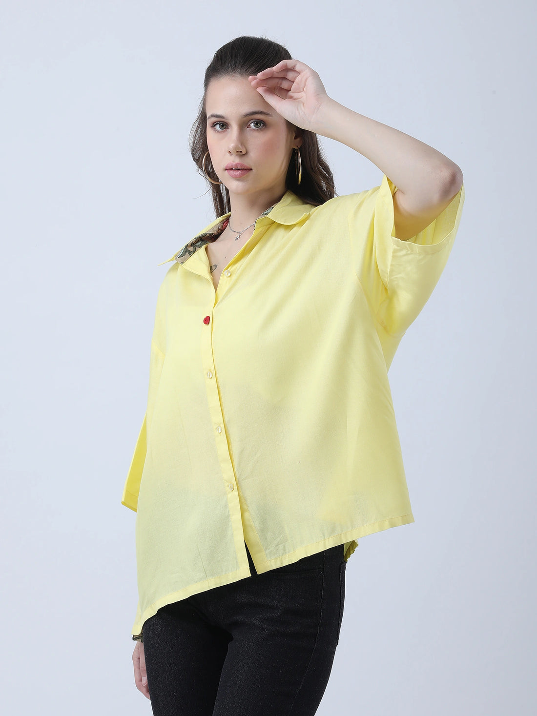 Lemon yellow oversized shirt with block print embelishments