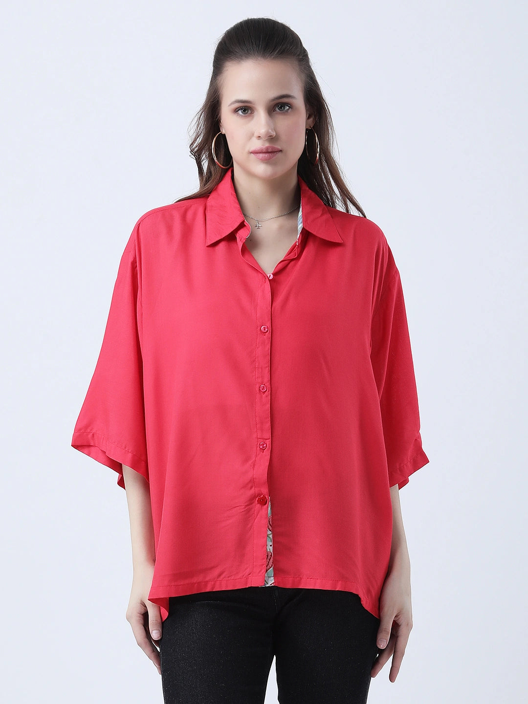 Red rayon oversized shirt with block print embelishments