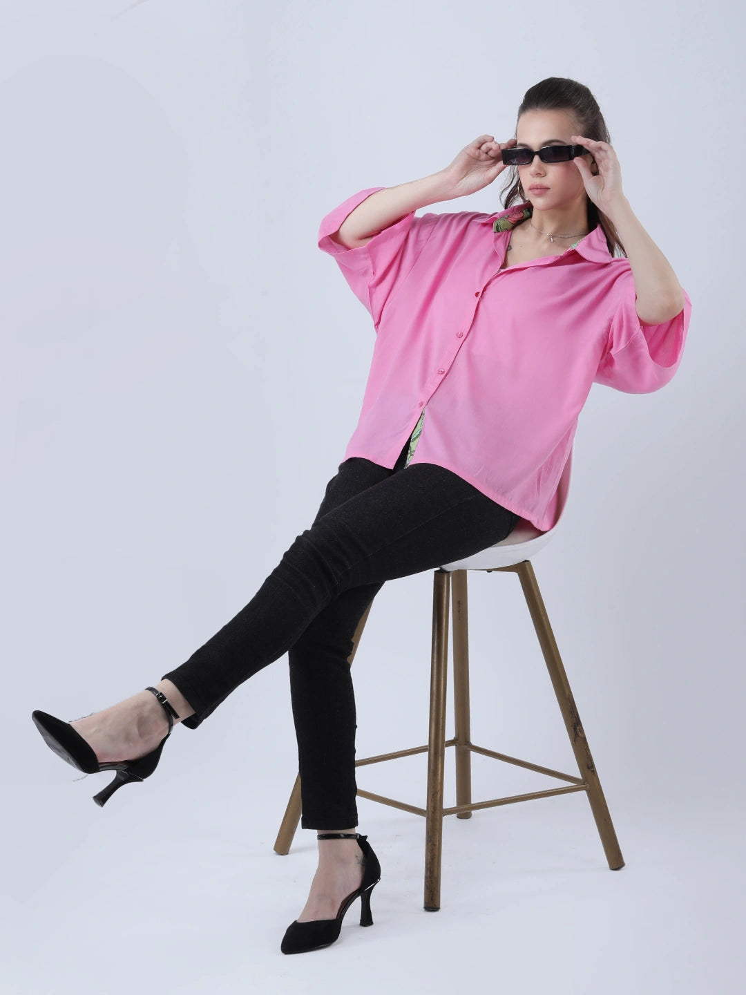 Pink rayon oversized shirt with block print embelishments
