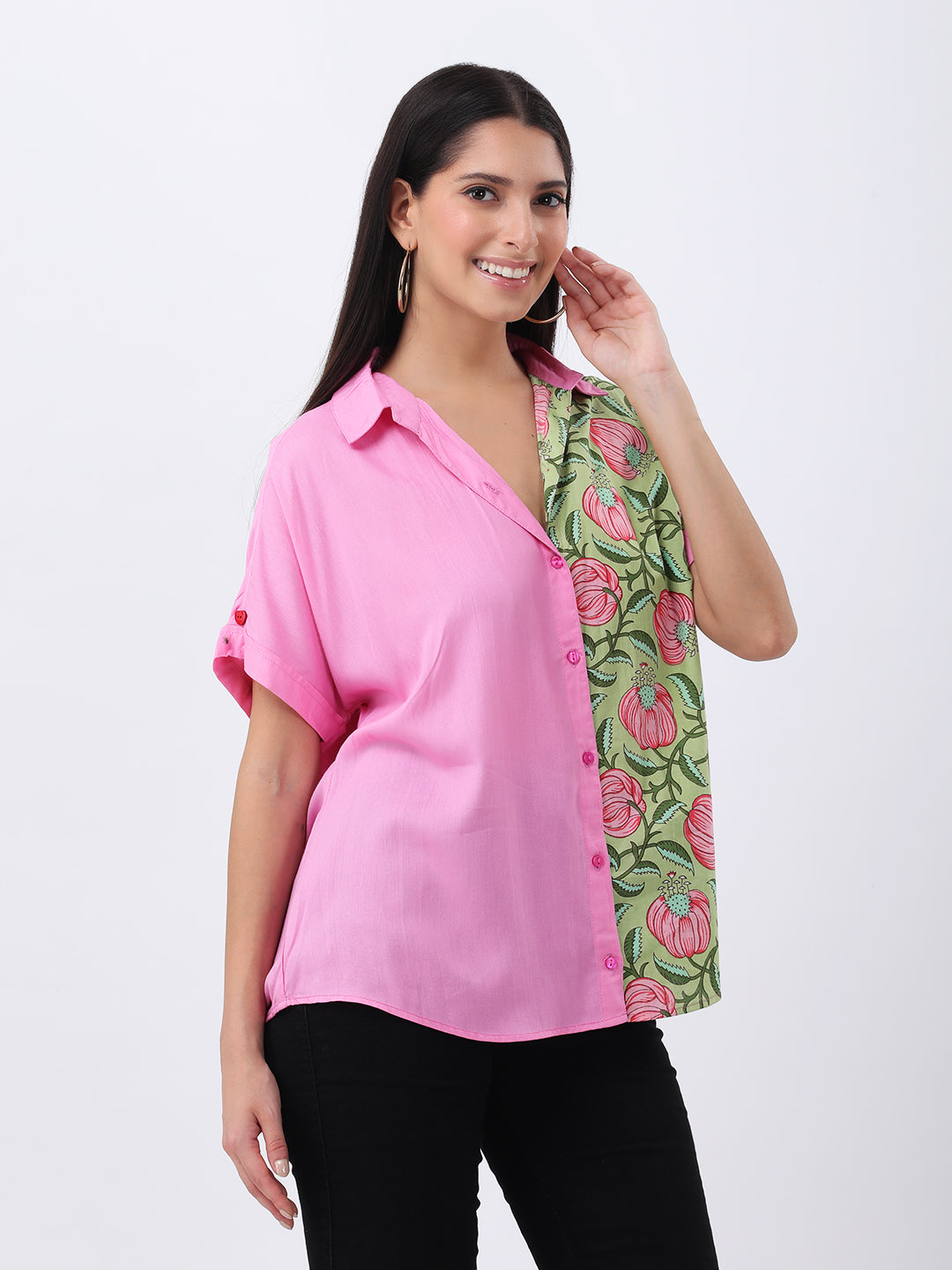 Pink Color-block printed rayon drop shoulder shirt