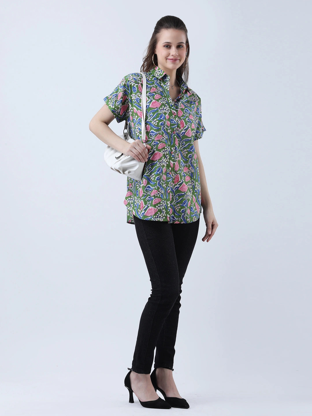 Cotton block print drop shoulder shirt