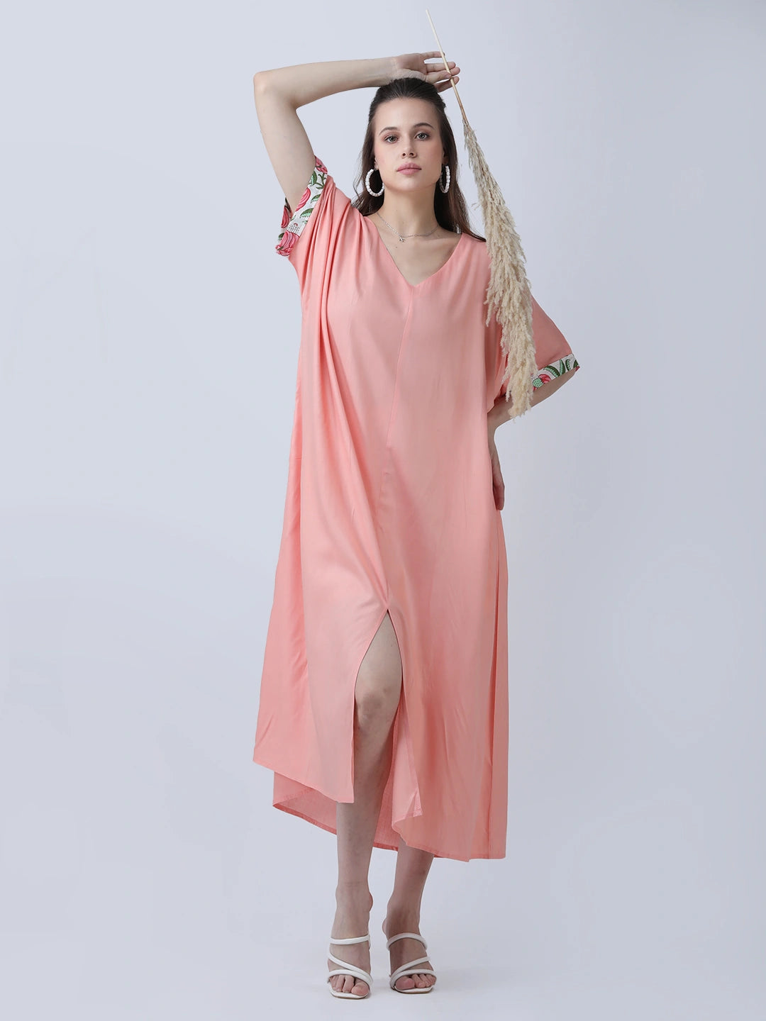 Peach loose fit dress with front slit