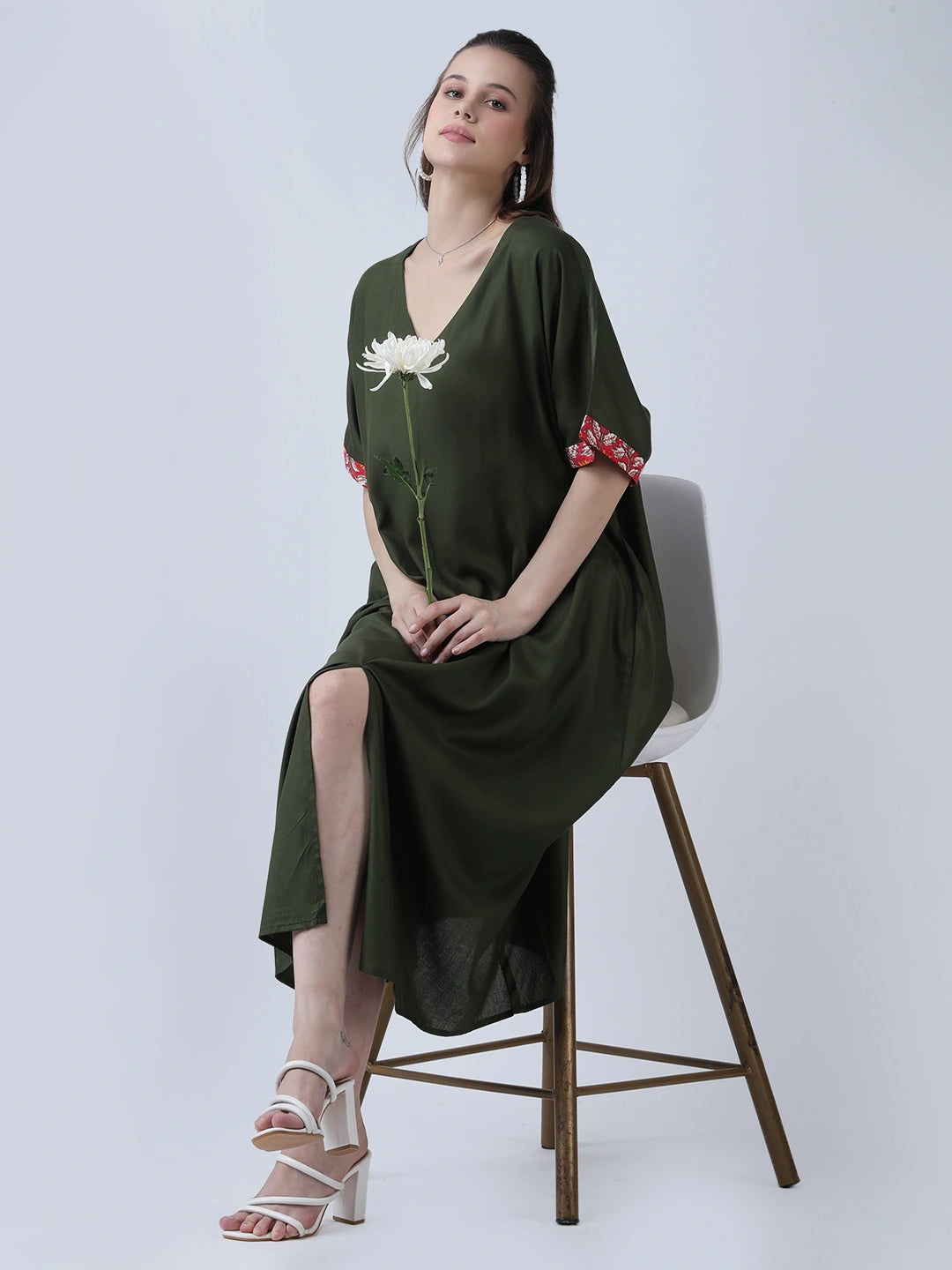 Olive green loose fit dress with front slit