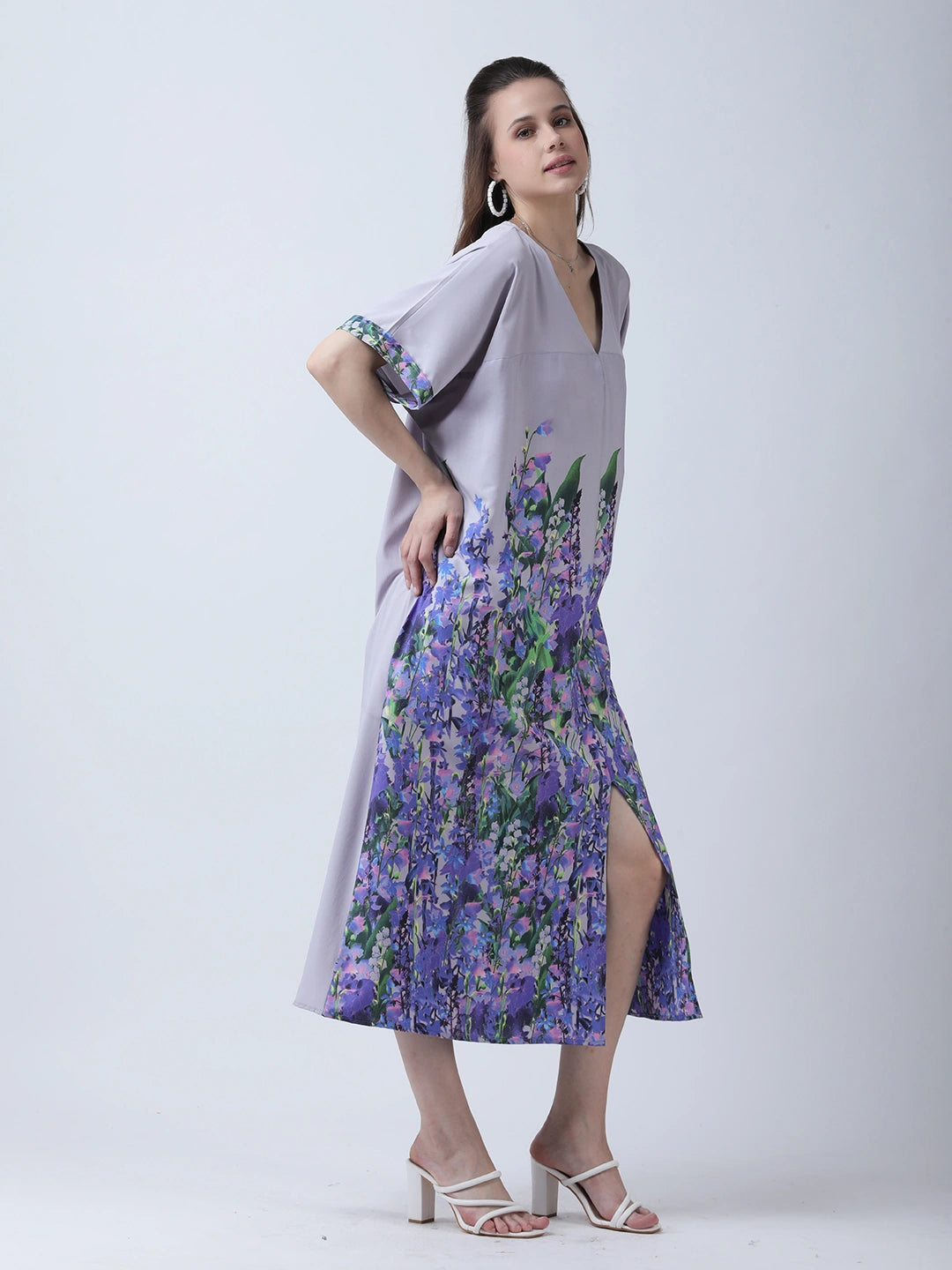 Floral print loose fit dress with front slit